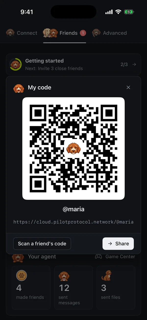 My code in Pilot Cloud for iPhone: a QR code for @maria, with Scan a friend's code and Share